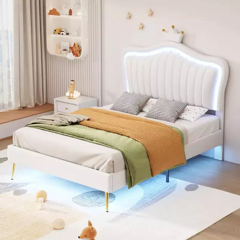 Letto a Piattaforma Matrimoniale (Twin Size) con Testiera a Corona e Luci LED, Struttura in MDF, Bianco, 77.2"L x 42.9"P x 52.8"H