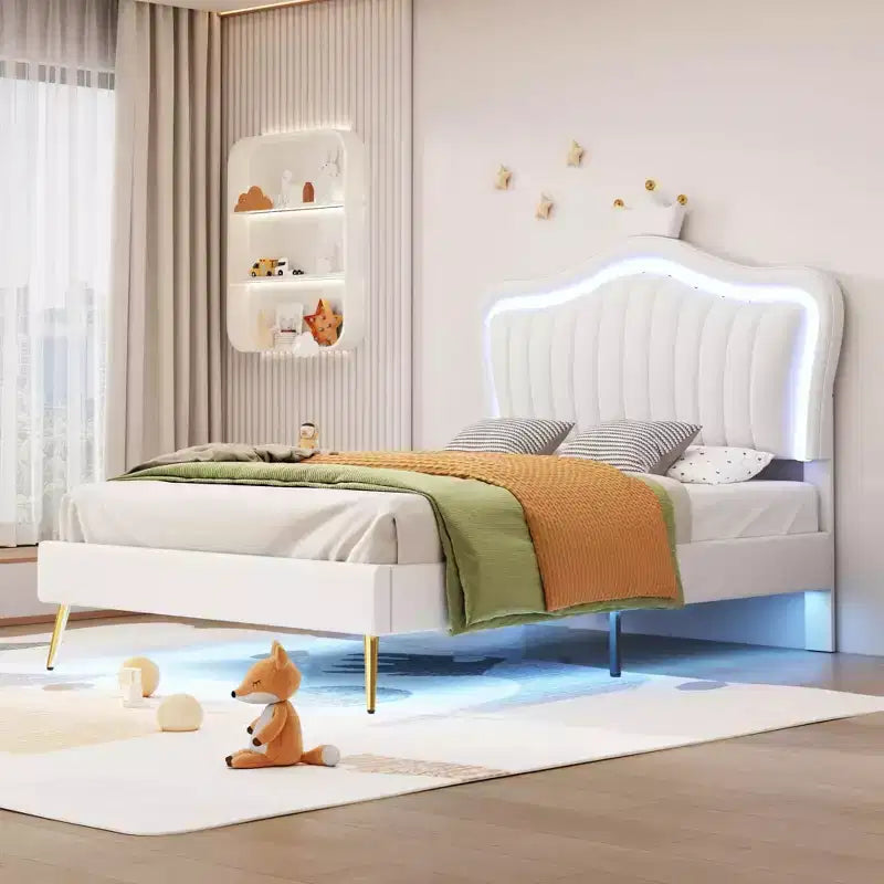 Letto a Piattaforma Matrimoniale (Twin Size) con Testiera a Corona e Luci LED, Struttura in MDF, Bianco, 77.2"L x 42.9"P x 52.8"H