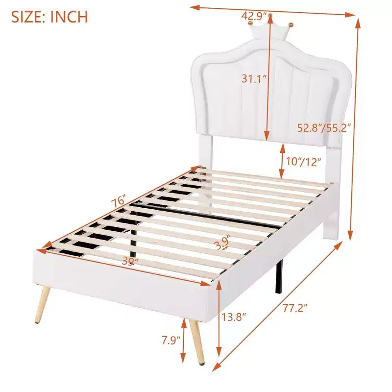 Letto a Piattaforma Matrimoniale (Twin Size) con Testiera a Corona e Luci LED, Struttura in MDF, Bianco, 77.2"L x 42.9"P x 52.8"H