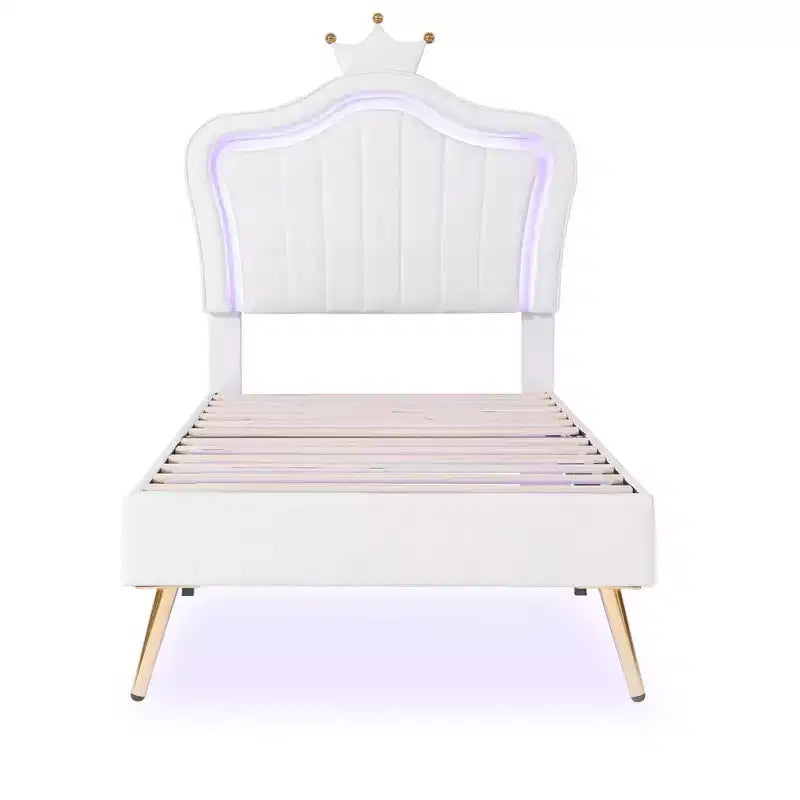 Letto a Piattaforma Matrimoniale (Twin Size) con Testiera a Corona e Luci LED, Struttura in MDF, Bianco, 77.2"L x 42.9"P x 52.8"H