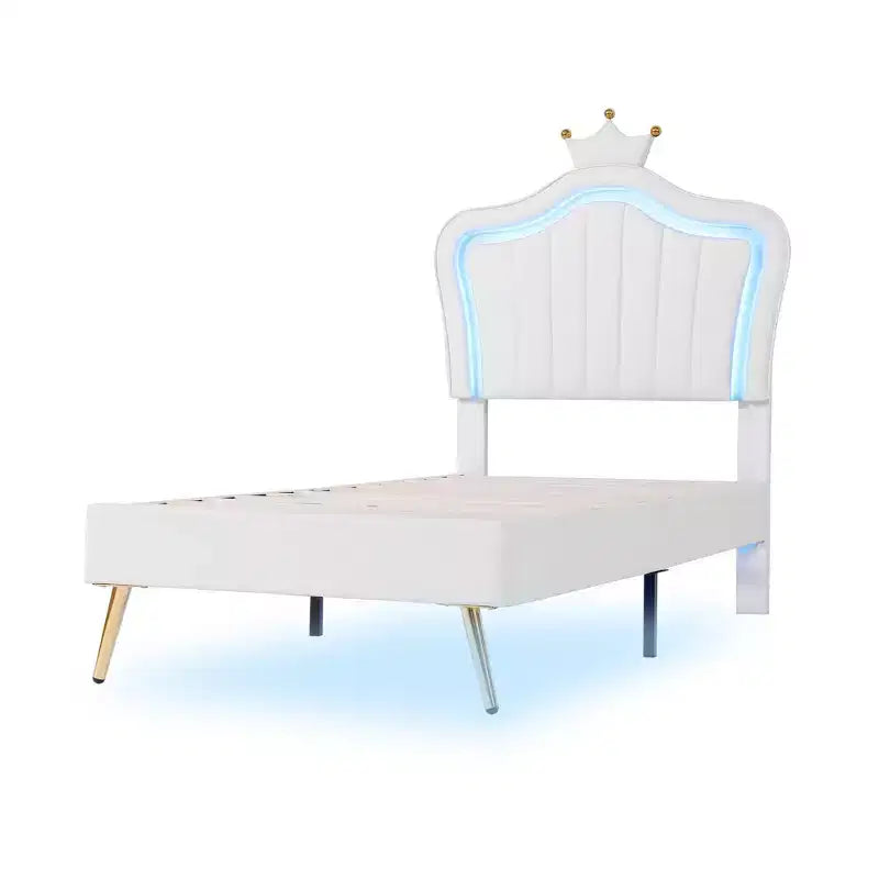 Letto a Piattaforma Matrimoniale (Twin Size) con Testiera a Corona e Luci LED, Struttura in MDF, Bianco, 77.2"L x 42.9"P x 52.8"H
