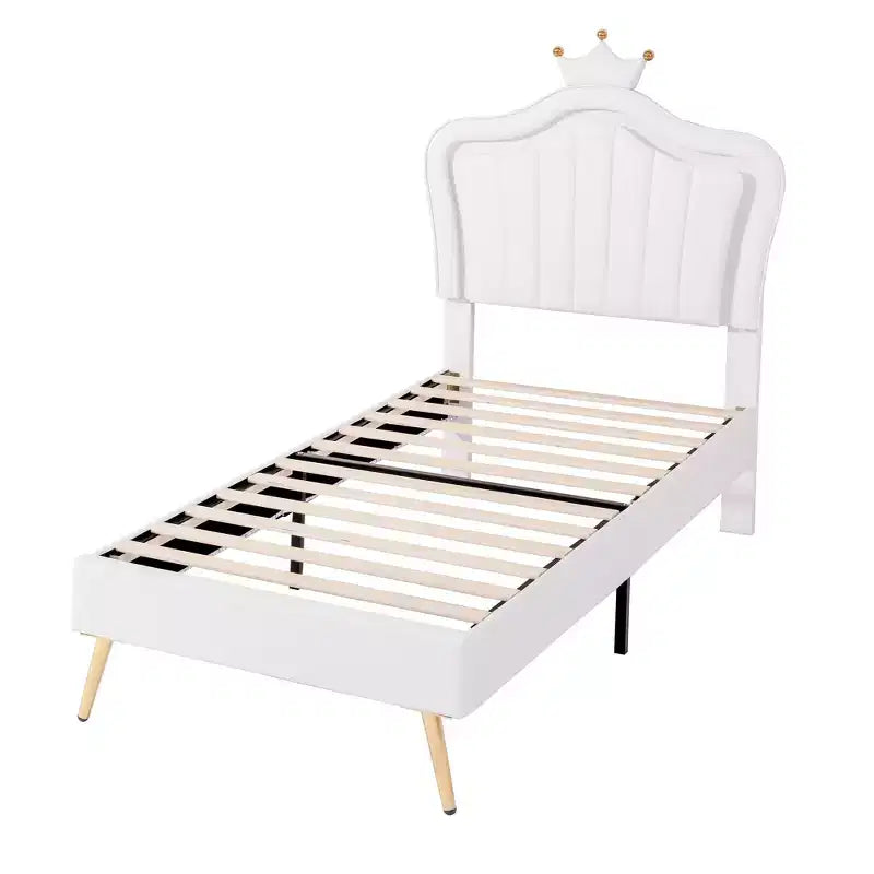 Letto a Piattaforma Matrimoniale (Twin Size) con Testiera a Corona e Luci LED, Struttura in MDF, Bianco, 77.2"L x 42.9"P x 52.8"H