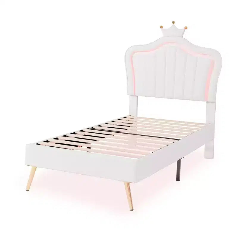 Letto a Piattaforma Matrimoniale (Twin Size) con Testiera a Corona e Luci LED, Struttura in MDF, Bianco, 77.2"L x 42.9"P x 52.8"H
