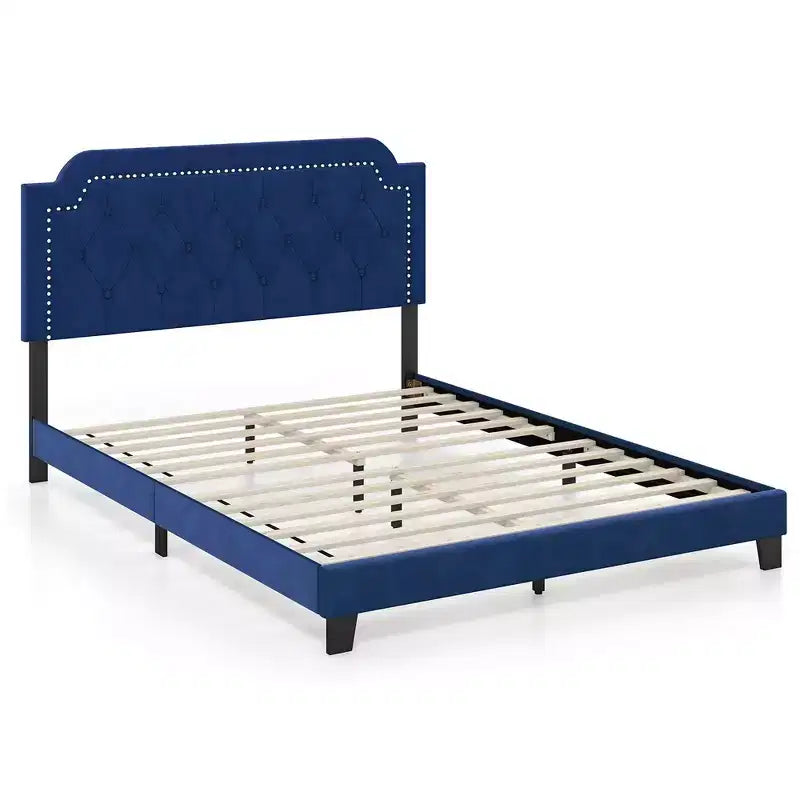 Costway Queen Size Velvet Platform Bed w/ Button Tufted & Nailhead Trim Headboard