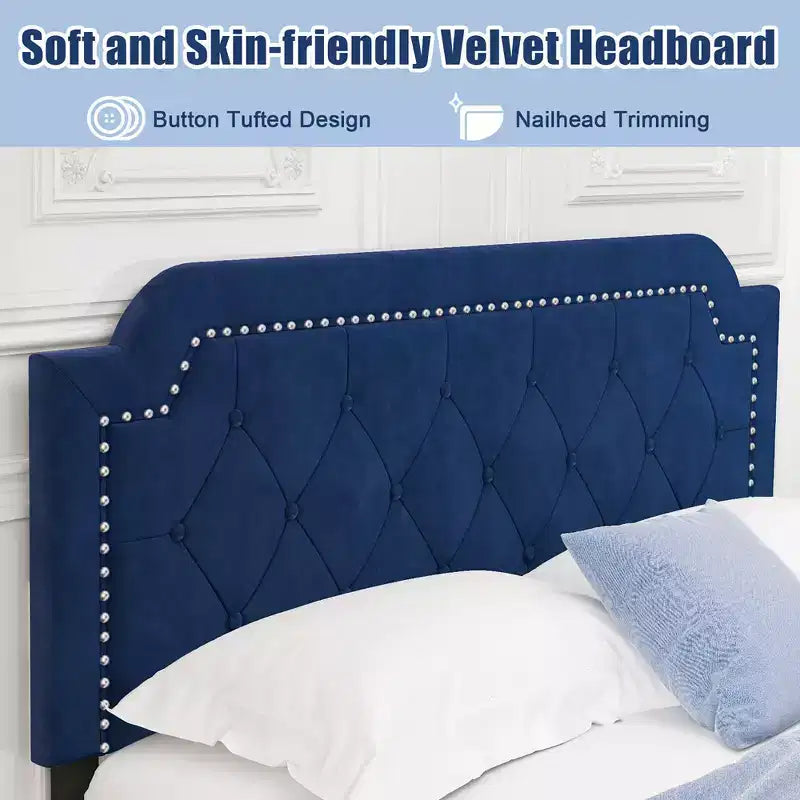 Letto matrimoniale Queen Size in velluto con testiera capitonné e borchie, 85.5"L x 64.5"P x 45.5"H