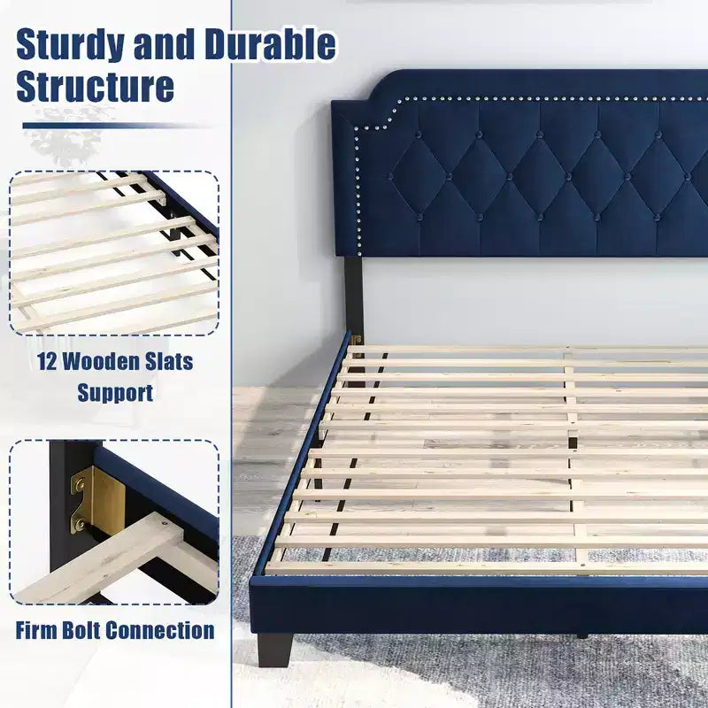 Letto matrimoniale Queen Size in velluto con testiera capitonné e borchie, 85.5"L x 64.5"P x 45.5"H