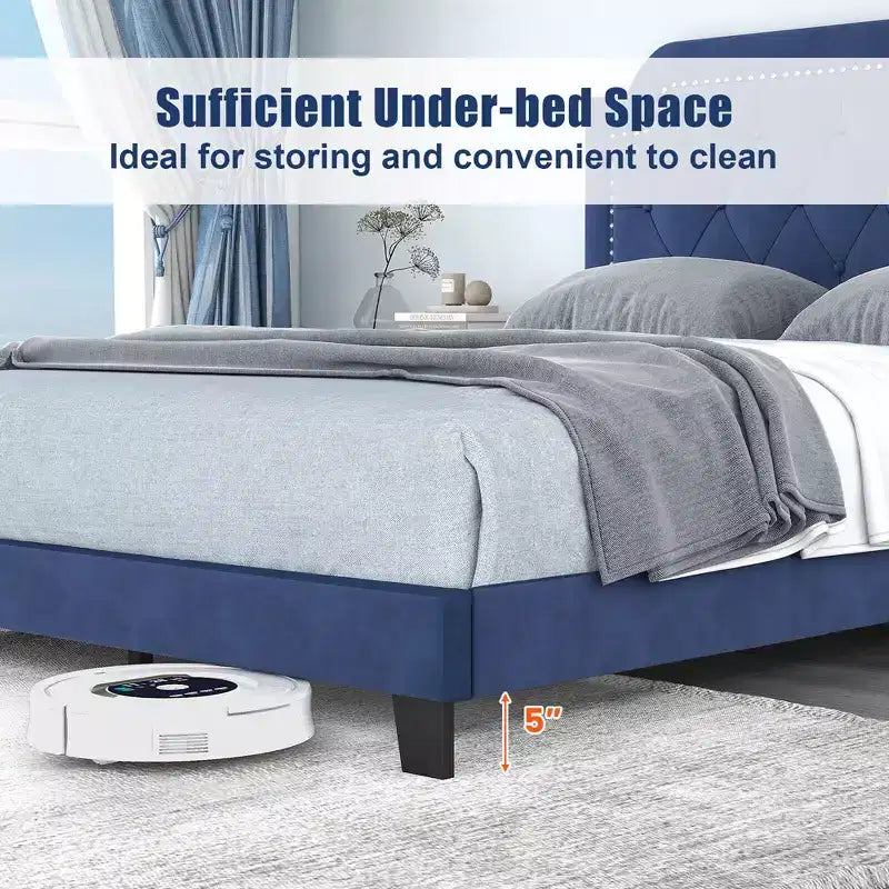 Letto matrimoniale Queen Size in velluto con testiera capitonné e borchie, 85.5"L x 64.5"P x 45.5"H