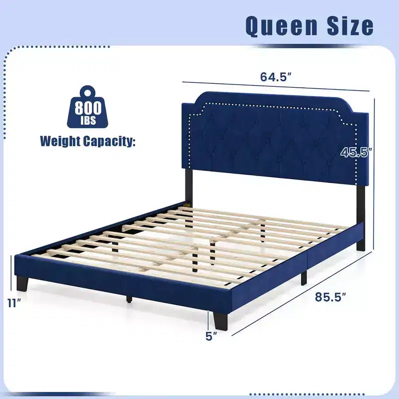 Letto matrimoniale Queen Size in velluto con testiera capitonné e borchie, 85.5"L x 64.5"P x 45.5"H