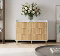 6-Drawer Dresser with Storage Rail, MDF Frame White & Natural Wood Finish, Gold Metal Legs