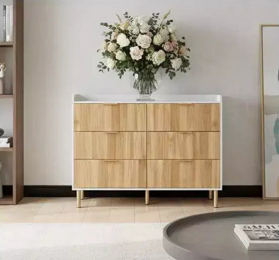 6-Drawer Dresser with Storage Rail, MDF Frame White & Natural Wood Finish, Gold Metal Legs