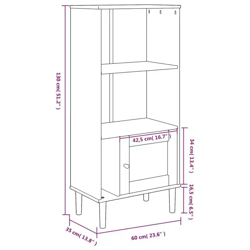 Libreria con ante effetto rattan e struttura in pino massiccio, 3 ripiani, 60 cm L x 35 cm P x 130 cm H