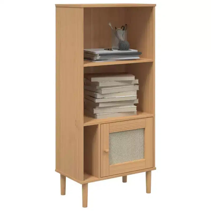 Libreria con ante effetto rattan e struttura in pino massiccio, 3 ripiani, 60 cm L x 35 cm P x 130 cm H