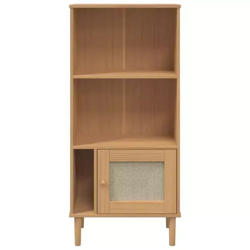 Libreria con ante effetto rattan e struttura in pino massiccio, 3 ripiani, 60 cm L x 35 cm P x 130 cm H