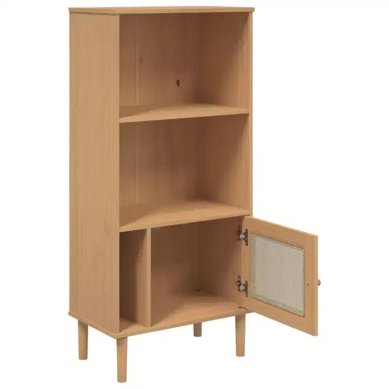Libreria con ante effetto rattan e struttura in pino massiccio, 3 ripiani, 60 cm L x 35 cm P x 130 cm H