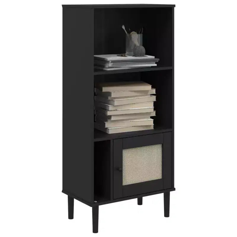 Libreria con ante effetto rattan e struttura in pino massiccio, 3 ripiani, 60 cm L x 35 cm P x 130 cm H