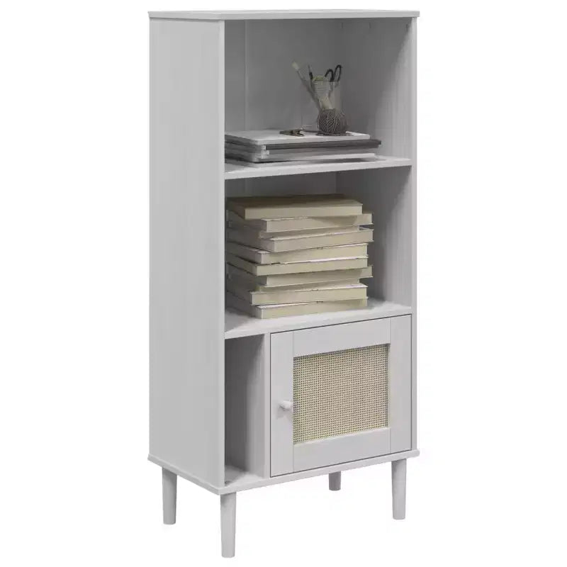 Libreria con ante effetto rattan e struttura in pino massiccio, 3 ripiani, 60 cm L x 35 cm P x 130 cm H