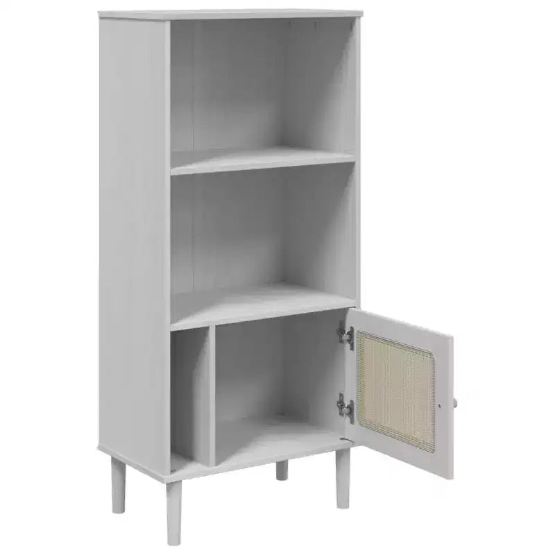 Libreria con ante effetto rattan e struttura in pino massiccio, 3 ripiani, 60 cm L x 35 cm P x 130 cm H