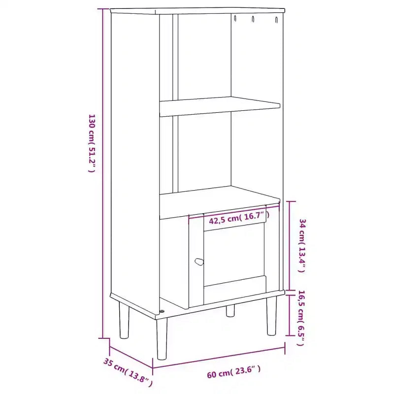 Libreria con ante effetto rattan e struttura in pino massiccio, 3 ripiani, 60 cm L x 35 cm P x 130 cm H