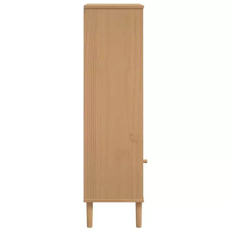 Libreria con ante effetto rattan e struttura in pino massiccio, 3 ripiani, 60 cm L x 35 cm P x 130 cm H