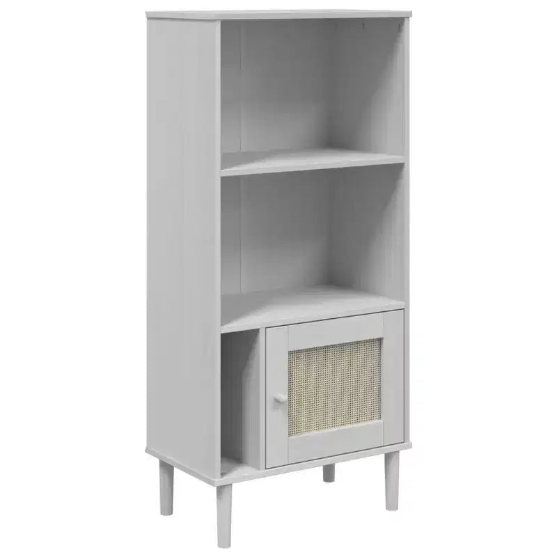 Libreria con ante effetto rattan e struttura in pino massiccio, 3 ripiani, 60 cm L x 35 cm P x 130 cm H